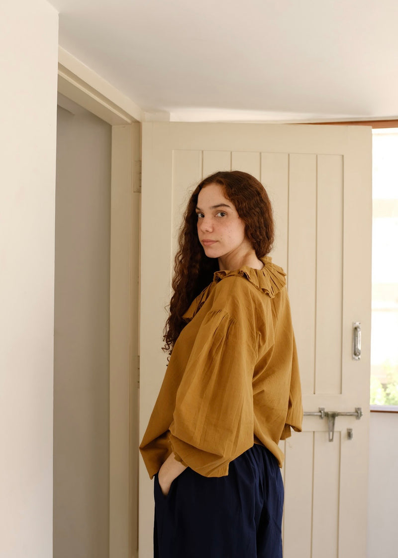 Charlotte-Gold Top handwoven cotton top/shirt by MASON AND MILL in mustard yellow for women Worldwide