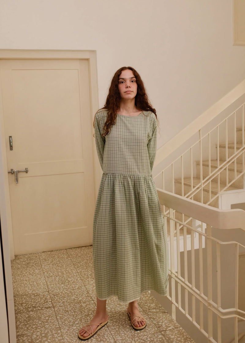 Blake-Smoked Green Checks Dress handwoven cotton dress by MASON AND MILL in green for women Worldwide