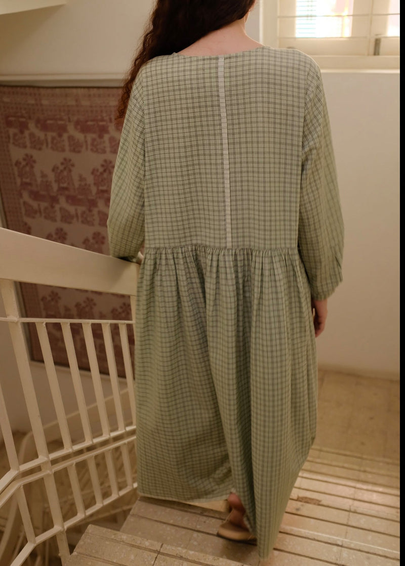Blake-Smoked Green Checks Dress handwoven cotton dress by MASON AND MILL in green for women Worldwide