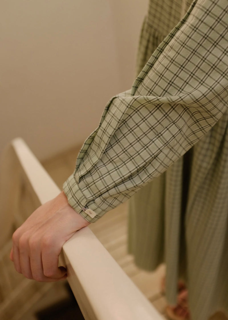 Blake-Smoked Green Checks Dress handwoven cotton dress by MASON AND MILL in green for women Worldwide