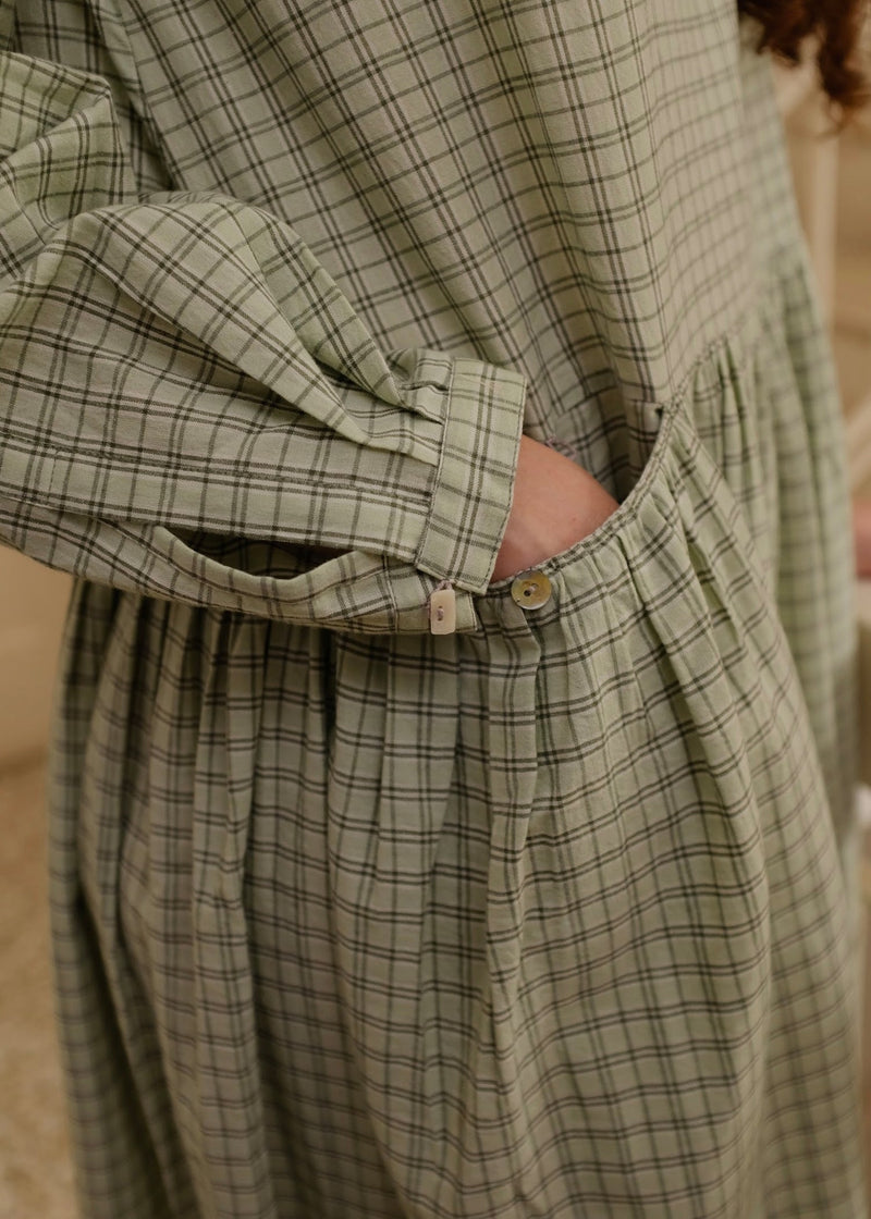 Blake-Smoked Green Checks Dress handwoven cotton dress by MASON AND MILL in green for women Worldwide