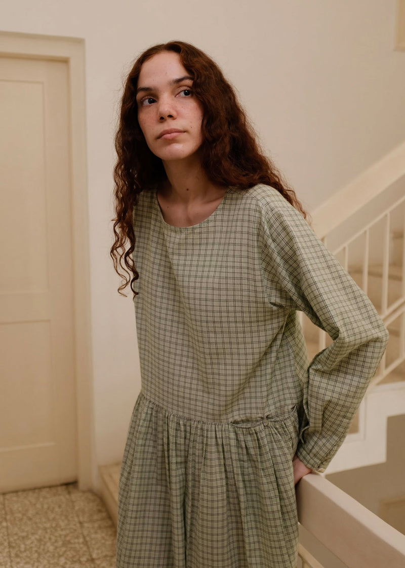 Blake-Smoked Green Checks Dress handwoven cotton dress by MASON AND MILL in green for women Worldwide