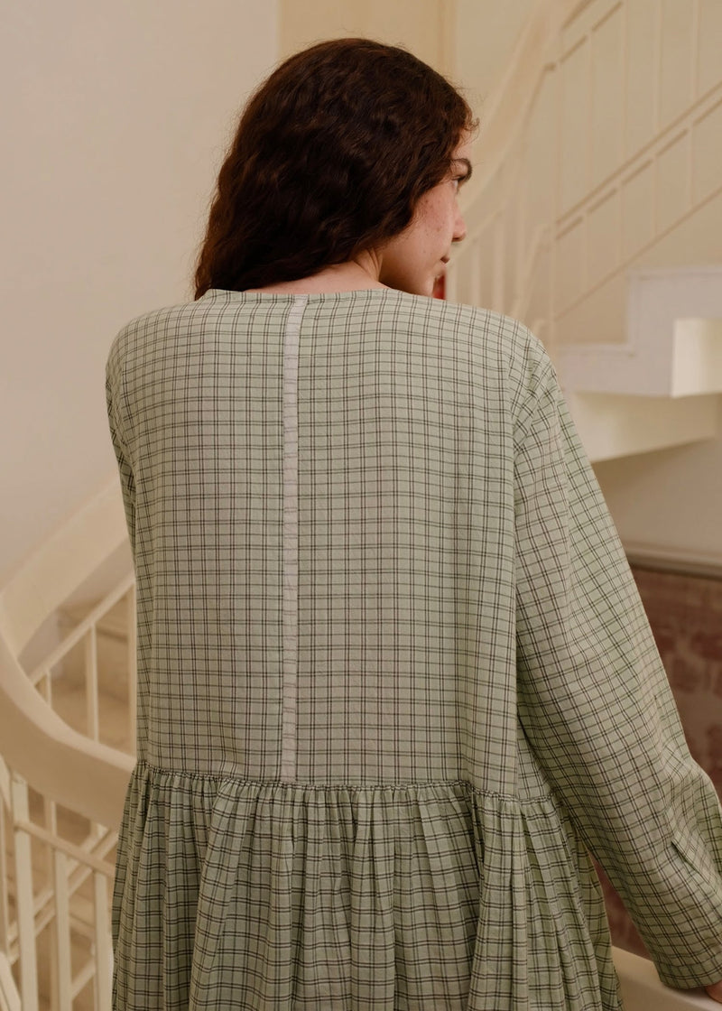 Blake-Smoked Green Checks Dress handwoven cotton dress by MASON AND MILL in green for women Worldwide