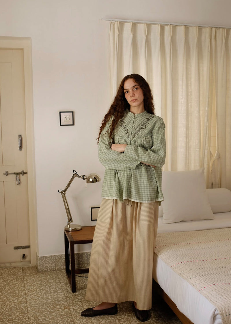 Liora-Smoke Green Checks Top handwoven cotton top/shirt by MASON AND MILL in green for women Worldwide