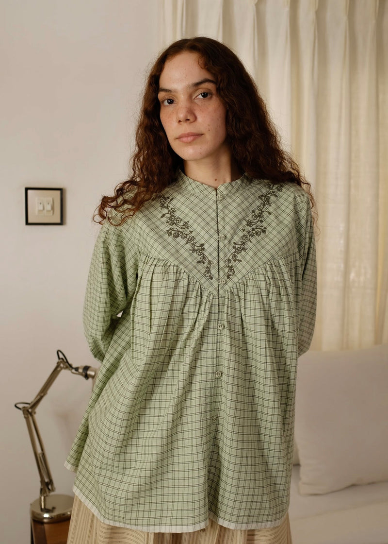 Liora-Smoke Green Checks Top handwoven cotton top/shirt by MASON AND MILL in green for women Worldwide