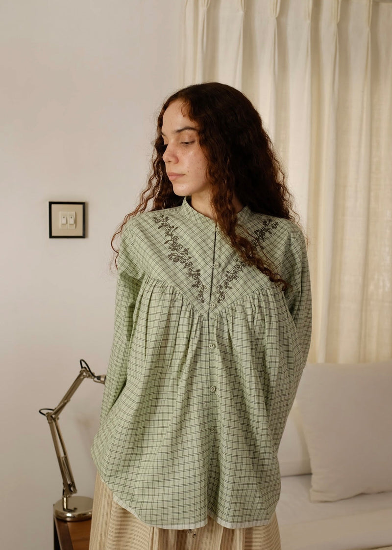Liora-Smoke Green Checks Top handwoven cotton top/shirt by MASON AND MILL in green for women Worldwide