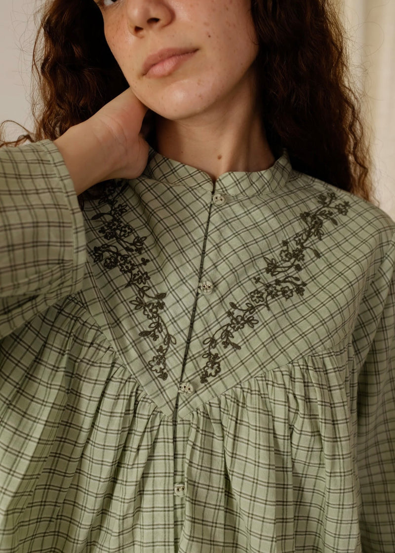 Liora-Smoke Green Checks Top handwoven cotton top/shirt by MASON AND MILL in green for women Worldwide