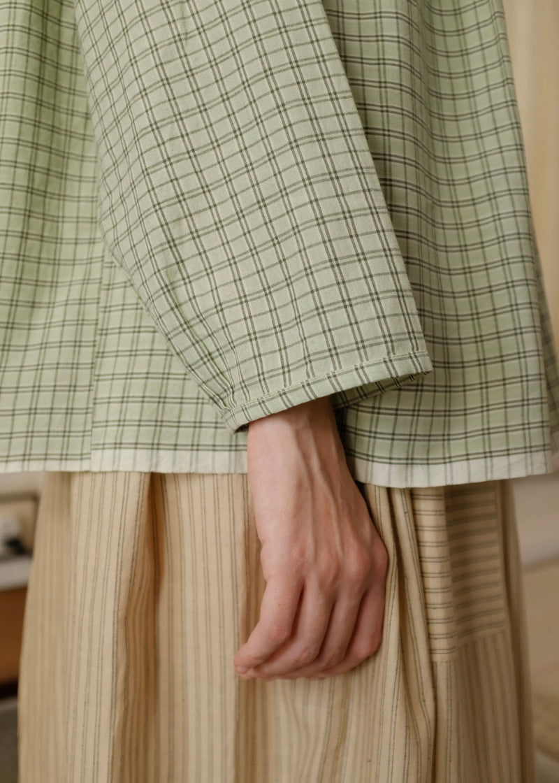 Liora-Smoke Green Checks Top handwoven cotton top/shirt by MASON AND MILL in green for women Worldwide