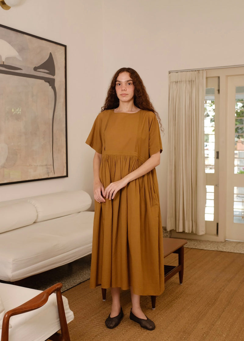 Terra Dress handwoven cotton dress by MASON AND MILL in mustard yellow for women Worldwide
