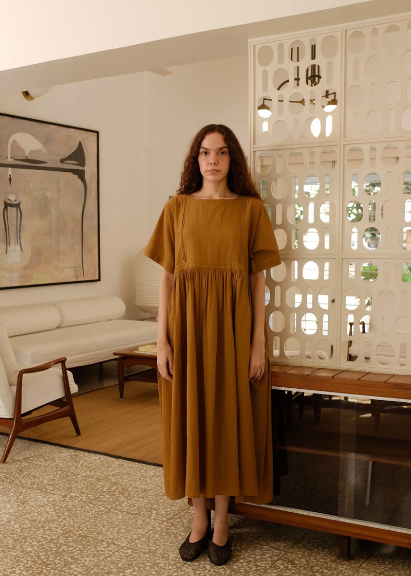 Terra Dress handwoven cotton dress by MASON AND MILL in mustard yellow for women Worldwide