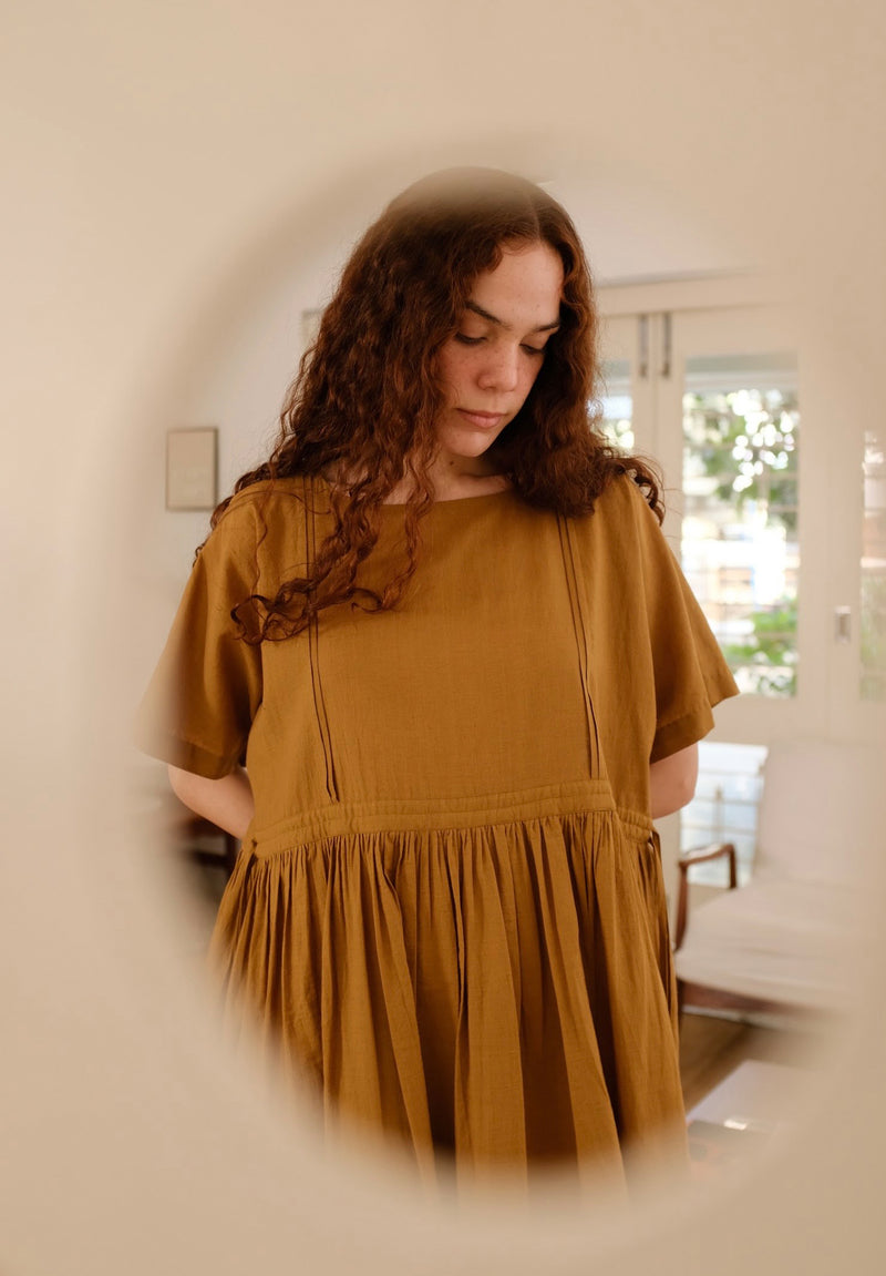 Terra Dress handwoven cotton dress by MASON AND MILL in mustard yellow for women Worldwide