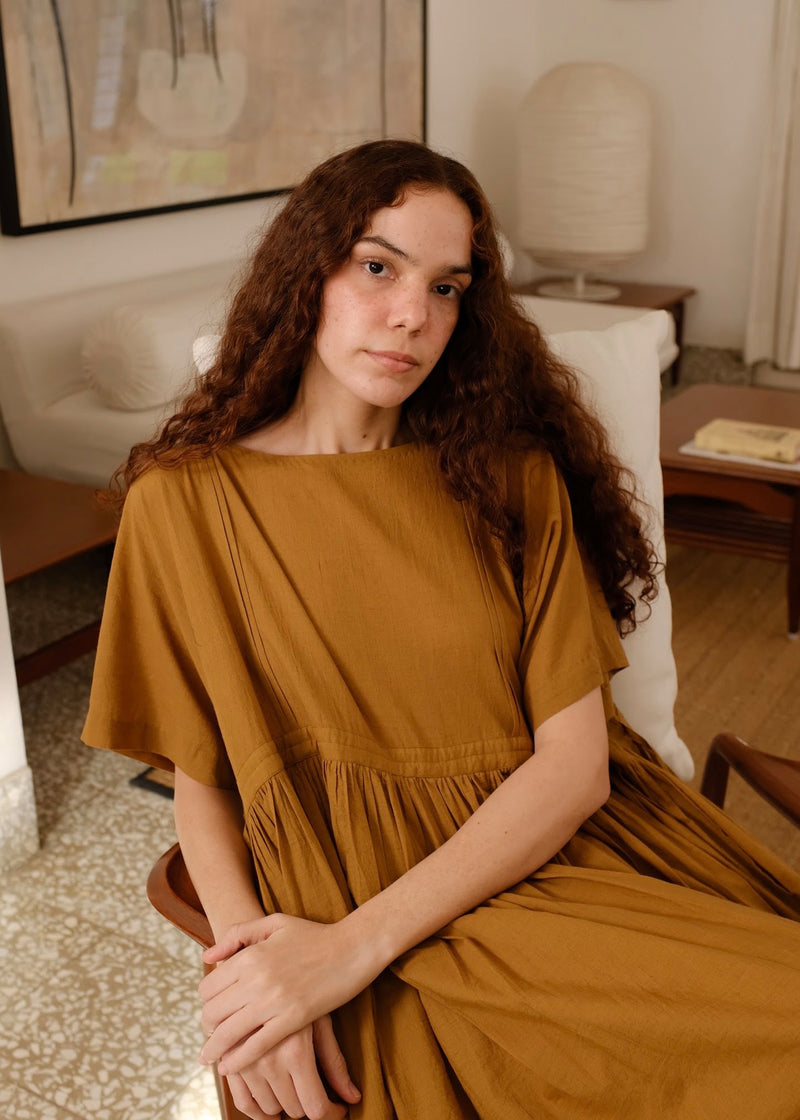 Terra Dress handwoven cotton dress by MASON AND MILL in mustard yellow for women Worldwide