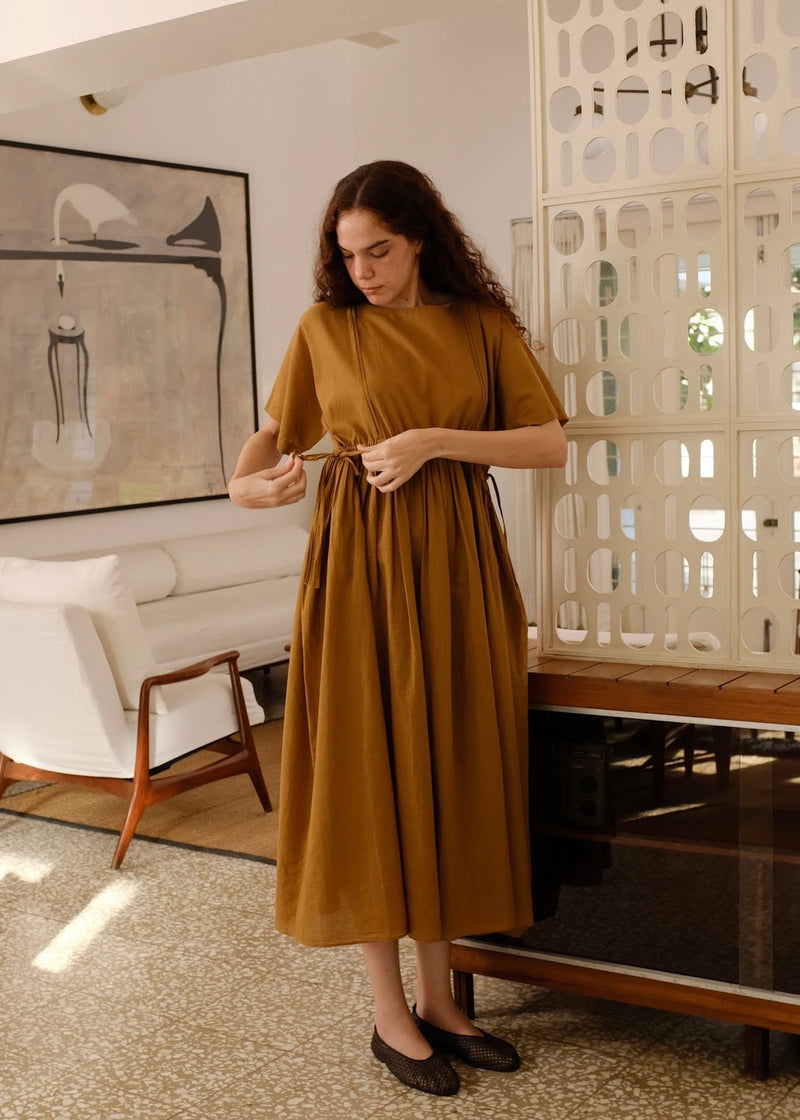 Terra Dress handwoven cotton dress by MASON AND MILL in mustard yellow for women Worldwide