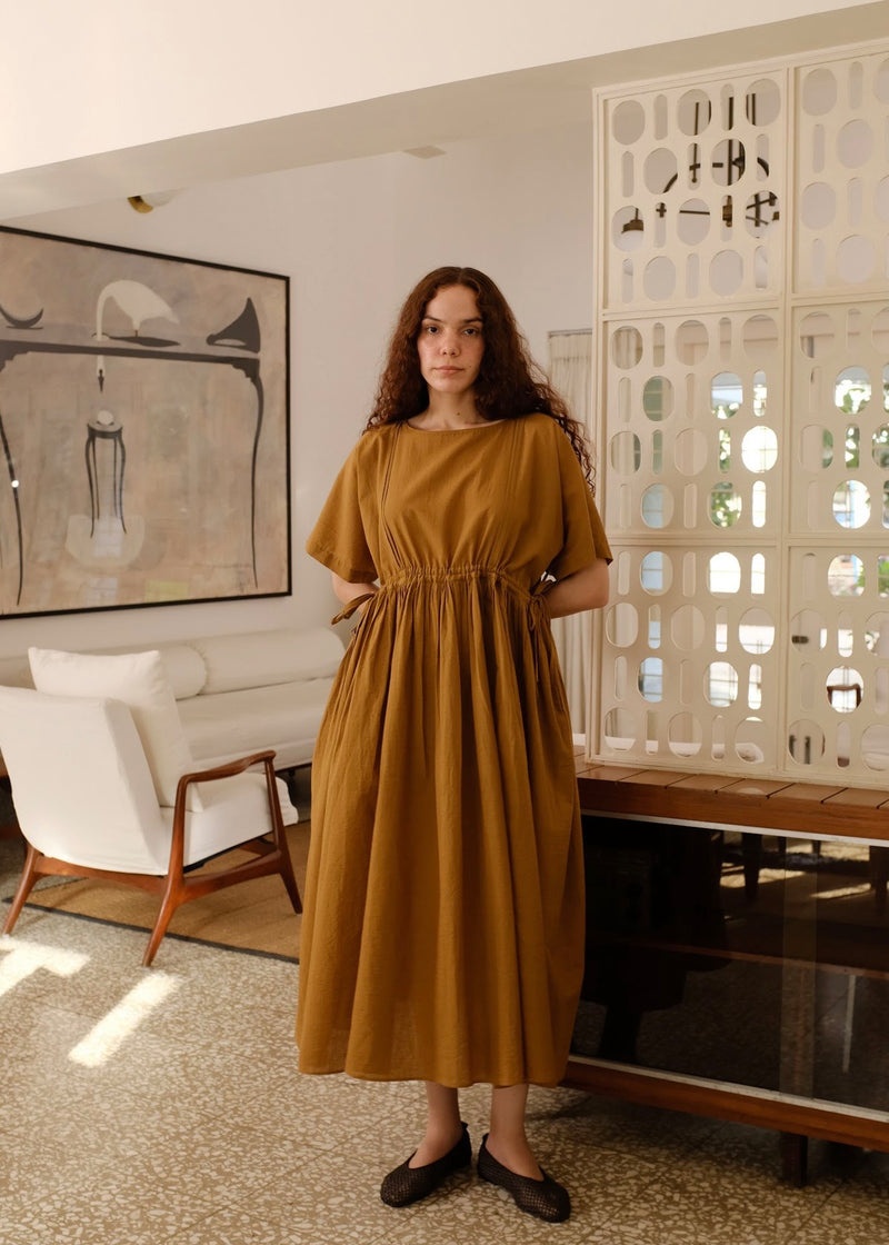 Terra Dress handwoven cotton dress by MASON AND MILL in mustard yellow for women Worldwide