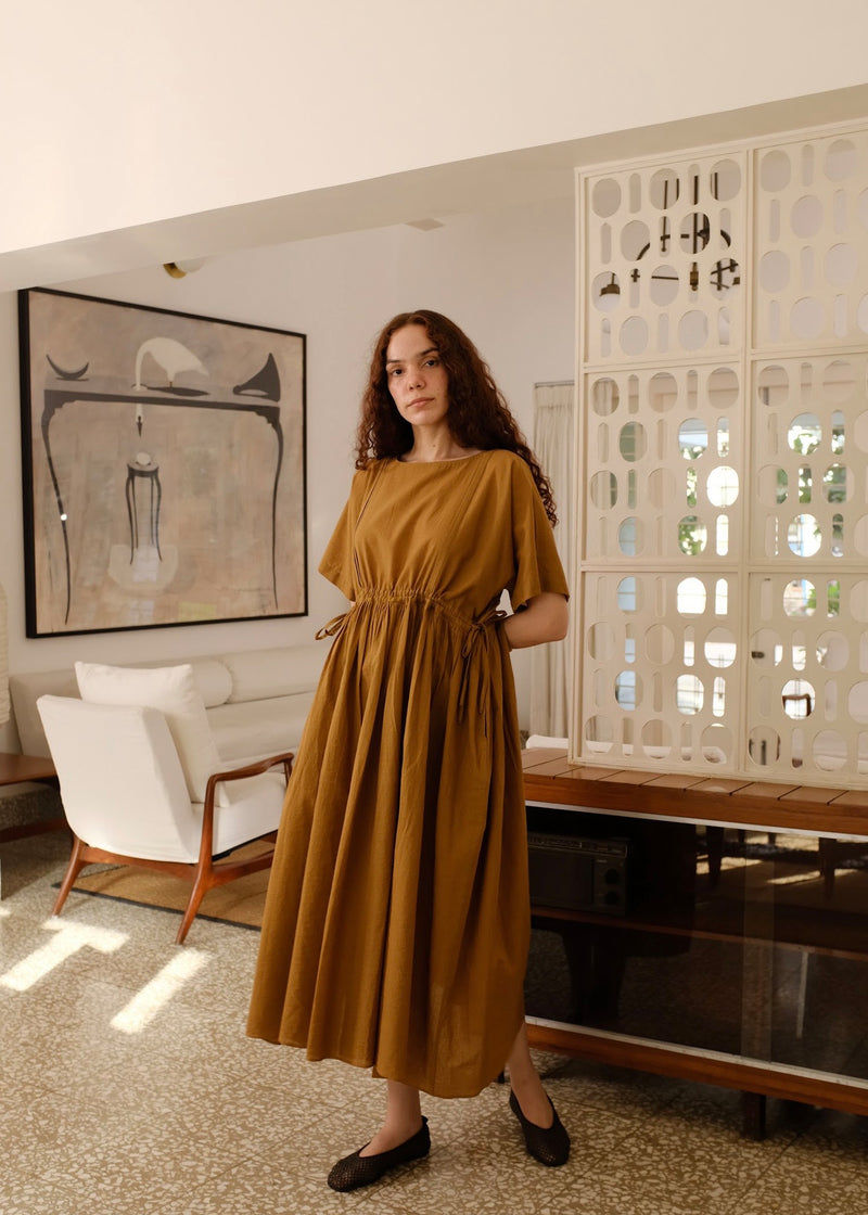 Terra Dress handwoven cotton dress by MASON AND MILL in mustard yellow for women Worldwide