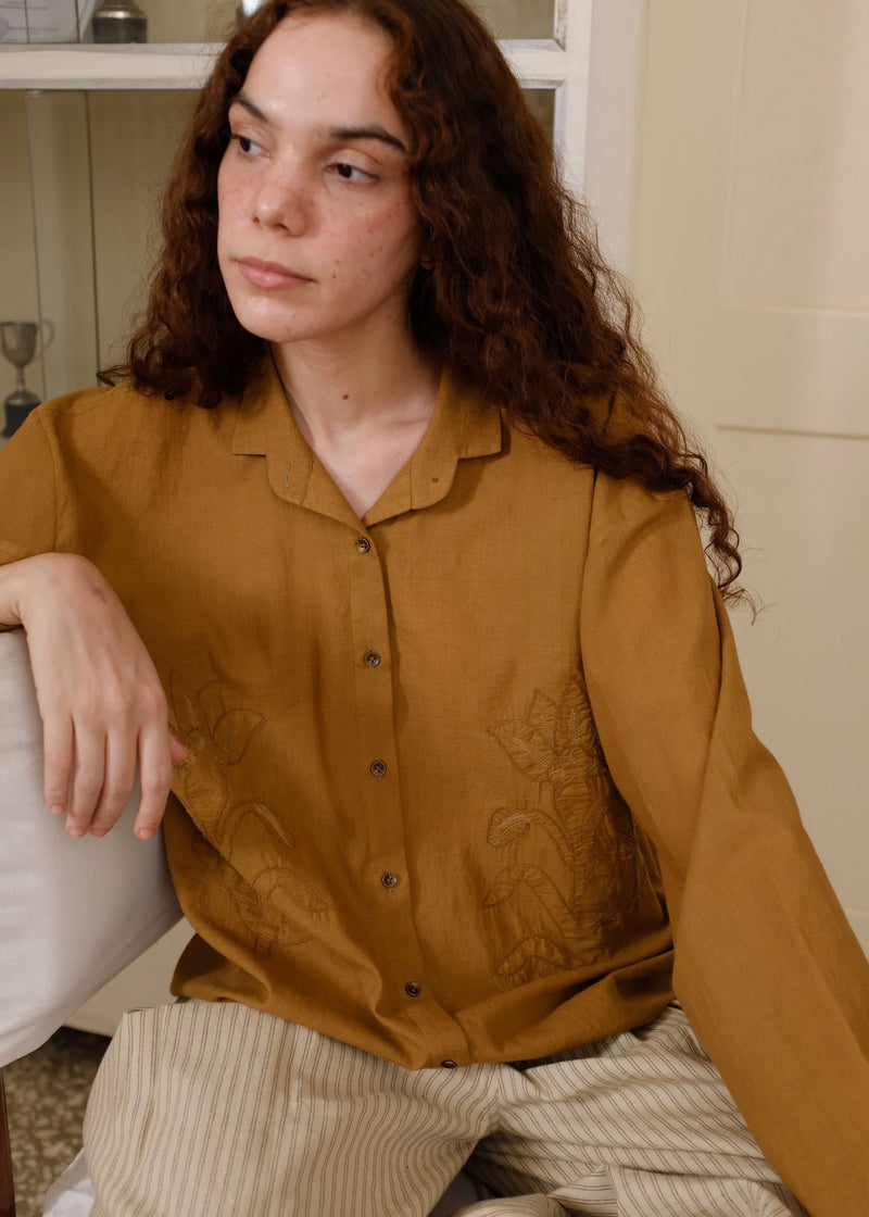 Auburn Top handwoven cotton top/shirt by MASON AND MILL in mustard yellow for women Worldwide