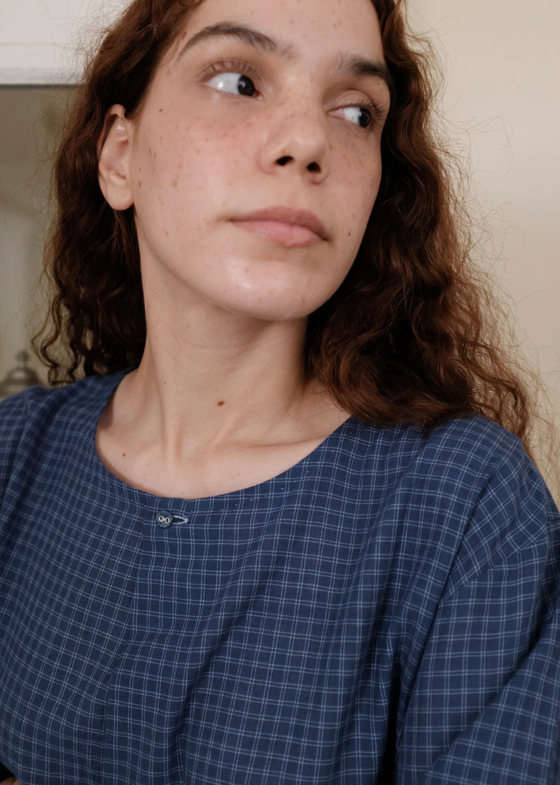 Aston Top handwoven cotton top/shirt by MASON AND MILL in navy blue for women Worldwide