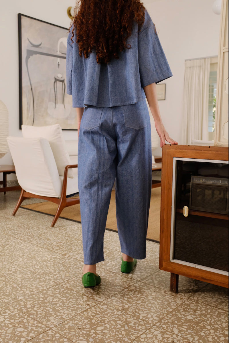 Hayes Pant indigenous cotton pant/trouser by MASON AND MILL in blue for women Worldwide