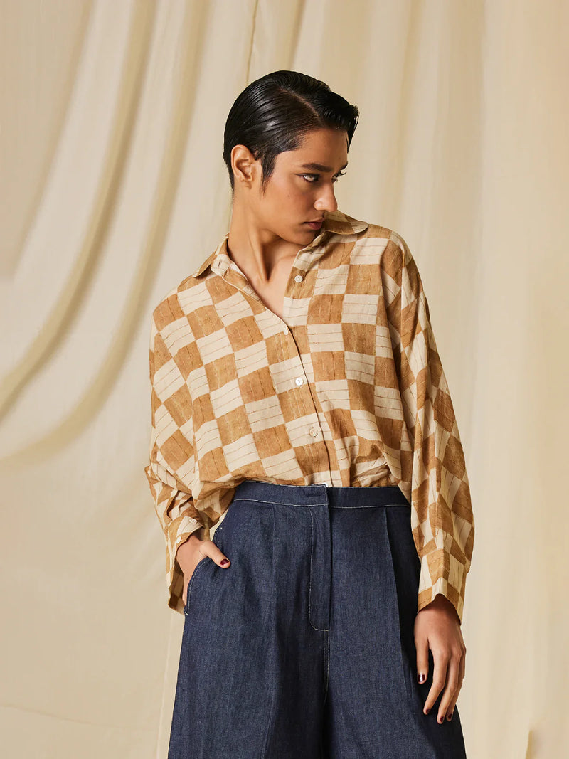 Kiera Shirt - Mustard Checks cotton Top & Tunics,Shirt by CORD for women Worldwide