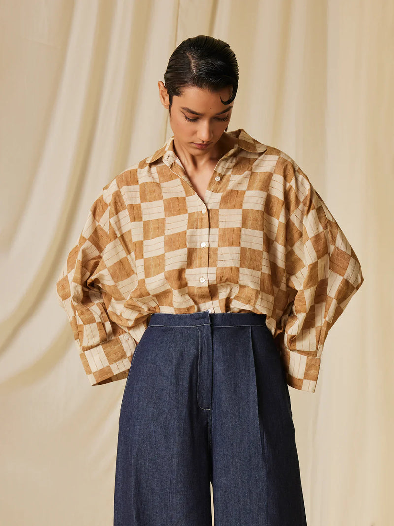 Kiera Shirt - Mustard Checks cotton Top & Tunics,Shirt by CORD for women Worldwide