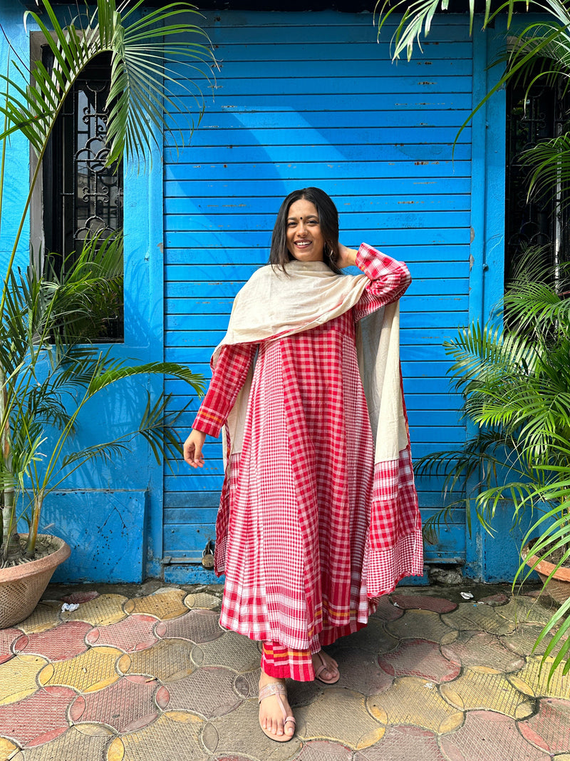 Side Panelled Red Dress + Palazzo + Dupatta (Set of 3) gamcha kurta/kurta set by 145 East in red, white for women Worldwide