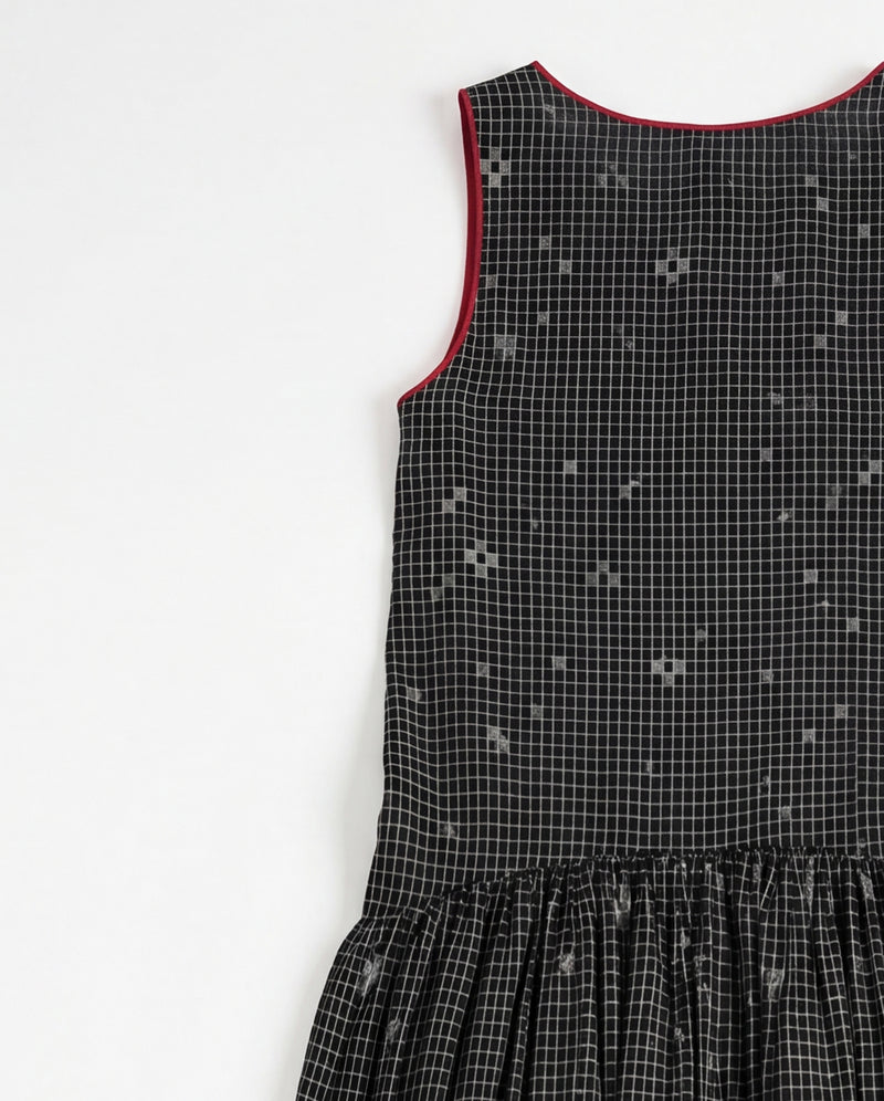 The Grid Wrap Dress-Black cotton jamdani dress by World of Crow in black for women Worldwide