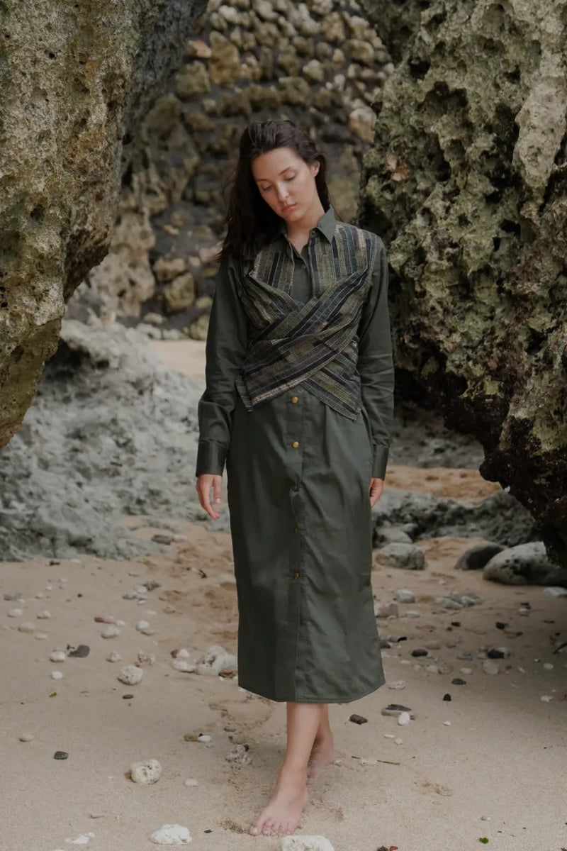 Upcycled Seattle Wrap Long Dress - Green cotton by The Terra Tribe in green color for women Worldwide