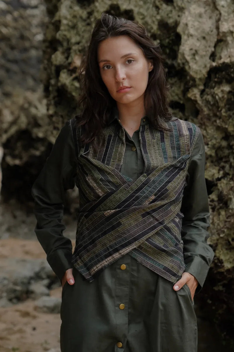 Upcycled Seattle Wrap Long Dress - Green cotton by The Terra Tribe in green color for women Worldwide