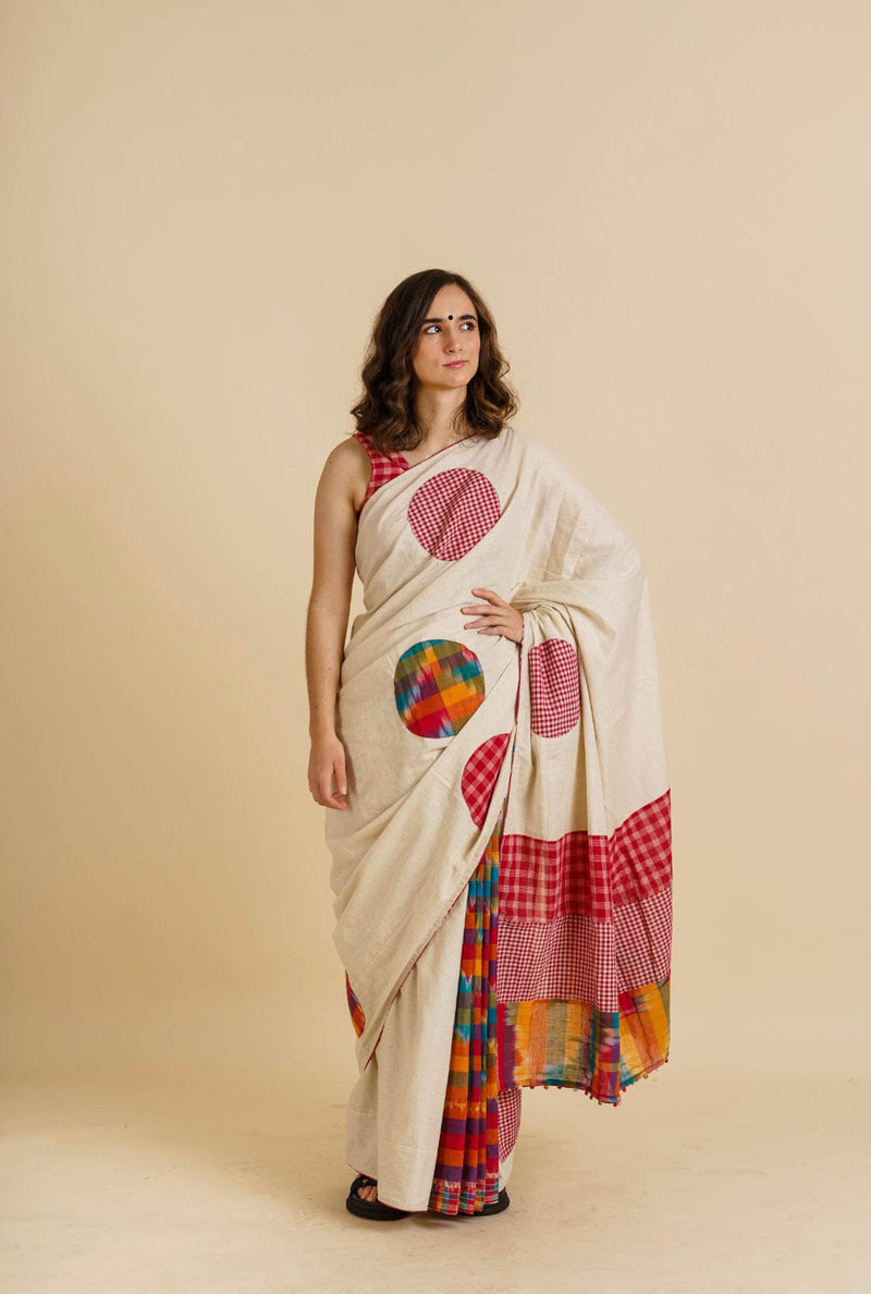 Dotted Fiesta Saree cotton,gamcha saree by 145 East in white, red, multicolour for women Worldwide