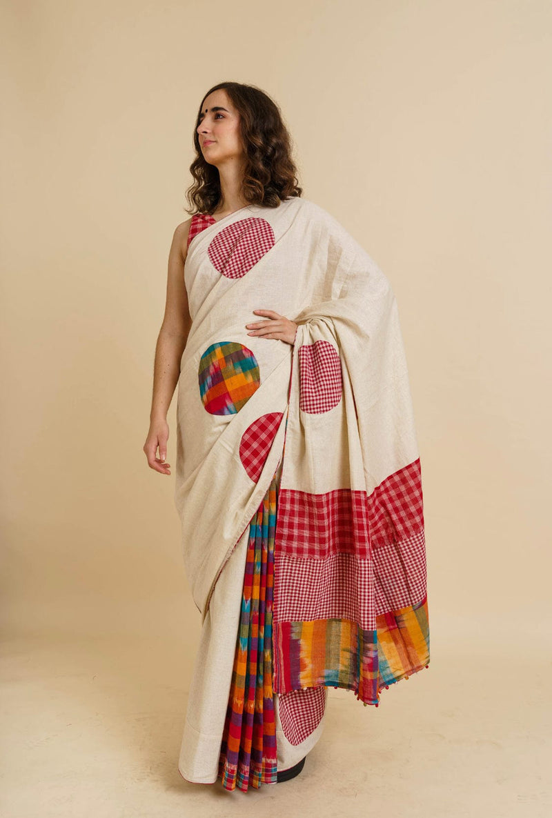 Dotted Fiesta Saree cotton,gamcha saree by 145 East in white, red, multicolour for women Worldwide