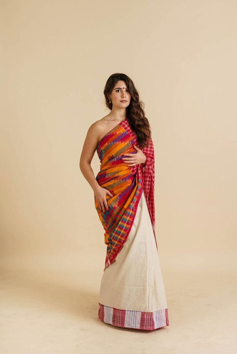 Fine Fiesta Saree woven gamcha, off-white khadi cotton saree by 145 East in red, white, multicolour for women Worldwide