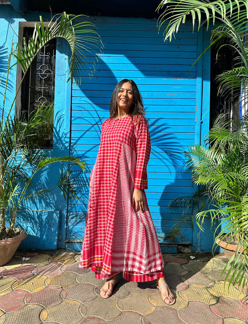 Side Panelled Red Dress + Palazzo + Dupatta (Set of 3) gamcha kurta/kurta set by 145 East in red, white for women Worldwide