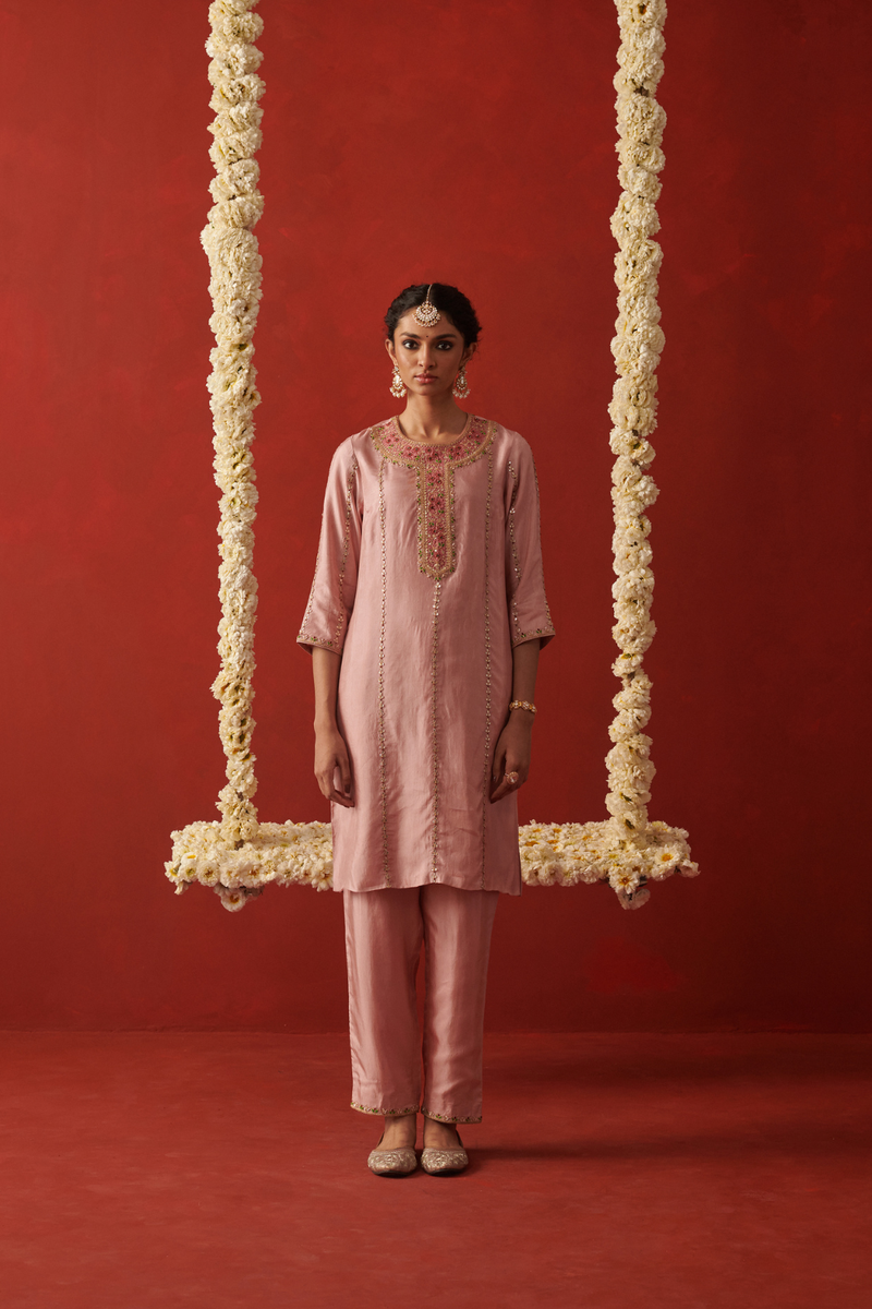 INARA & NAZM KURTA & PANT silk by Rashika Mittal in pink color for women Worldwide