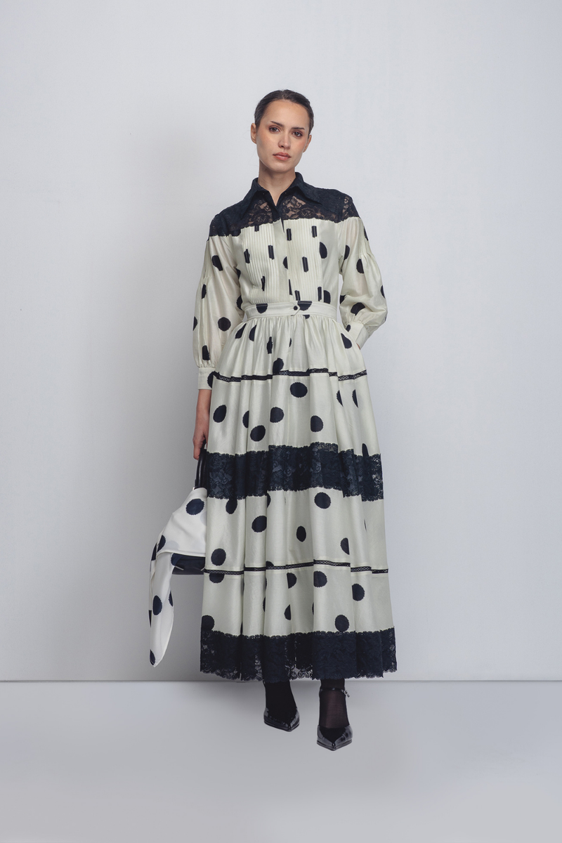 Isha Dress - Off White + Black Dots by Leh Studios in black color for women Worldwide