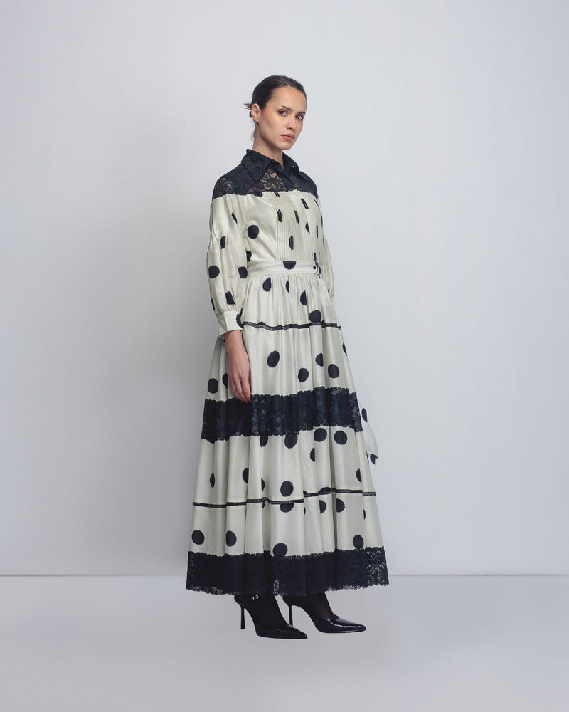 Isha Dress - Off White + Black Dots by Leh Studios in black color for women Worldwide
