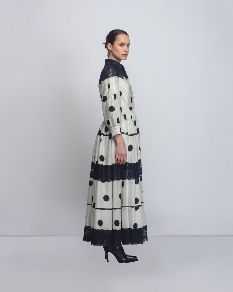 Isha Dress - Off White + Black Dots by Leh Studios in black color for women Worldwide