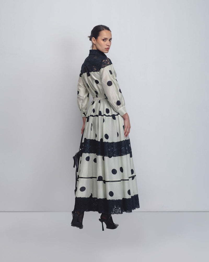 Isha Dress - Off White + Black Dots by Leh Studios in black color for women Worldwide