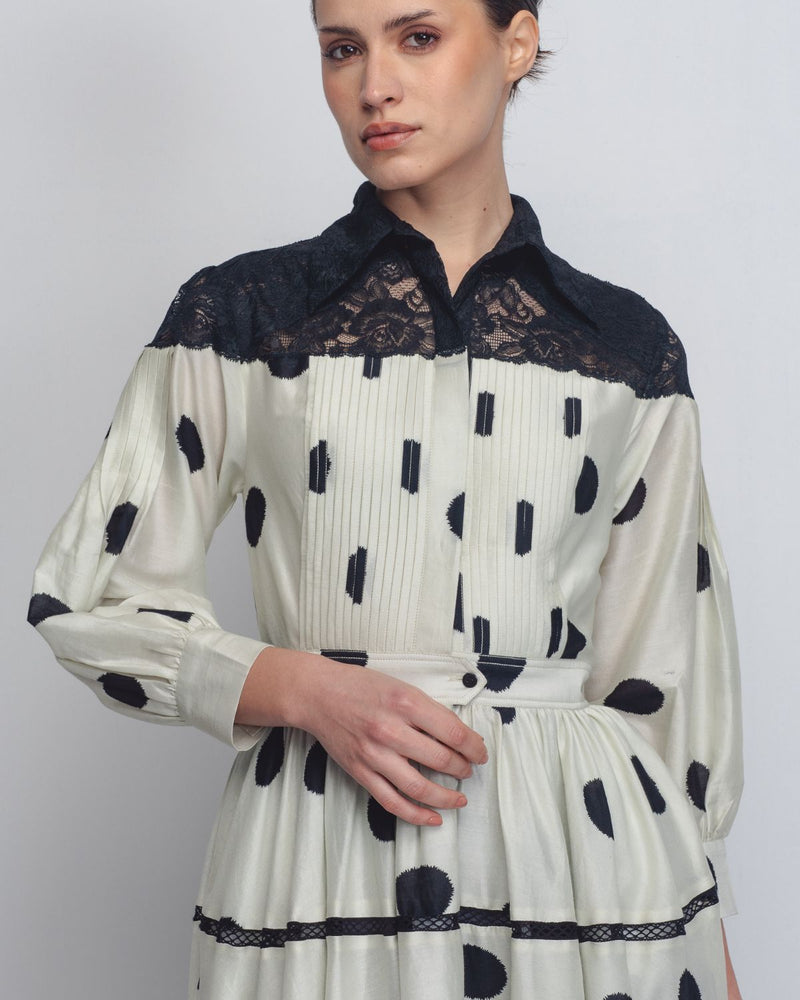 Isha Dress - Off White + Black Dots by Leh Studios in black color for women Worldwide