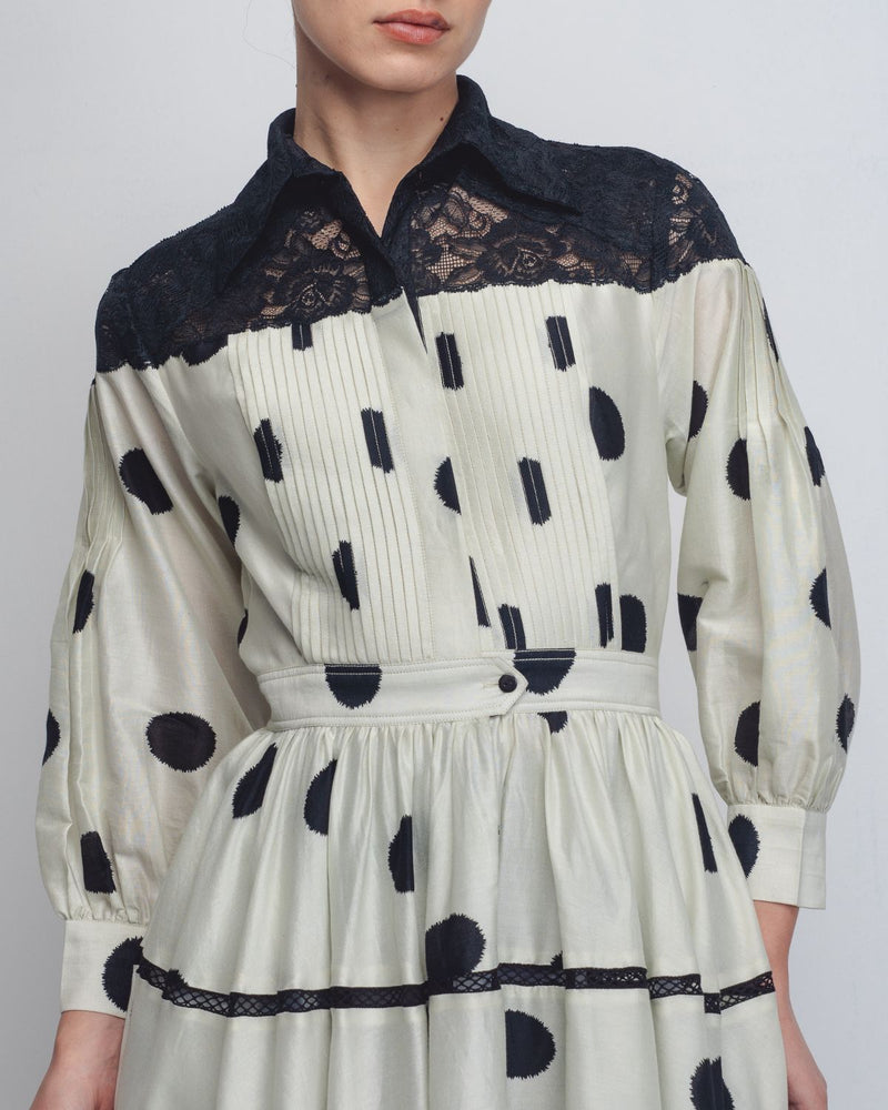 Isha Dress - Off White + Black Dots by Leh Studios in black color for women Worldwide