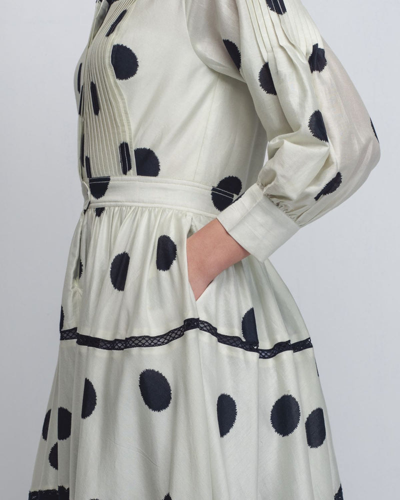 Isha Dress - Off White + Black Dots by Leh Studios in black color for women Worldwide