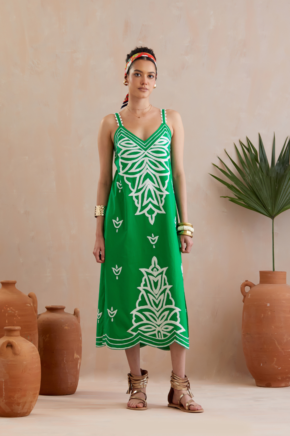 Avocado Green and Ivory Thread Embroidery Midi Dress