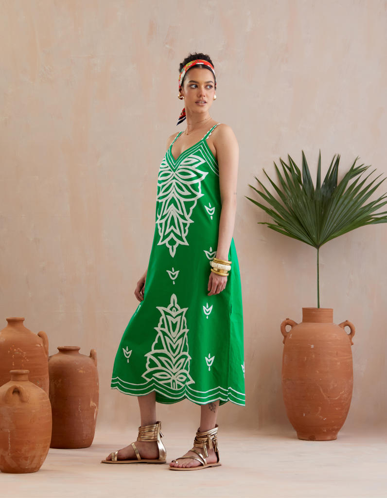 Avocado Green and Ivory Thread Embroidery Maxi Dress-Size S