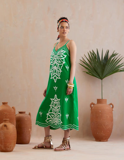 Avocado Green and Ivory Thread Embroidery Midi Dress