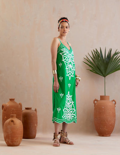 Avocado Green and Ivory Thread Embroidery Midi Dress