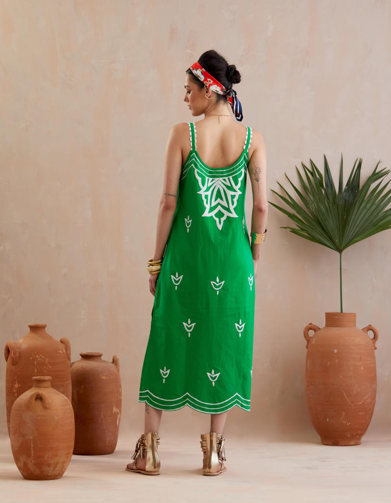 Avocado Green and Ivory Thread Embroidery Maxi Dress-Size S