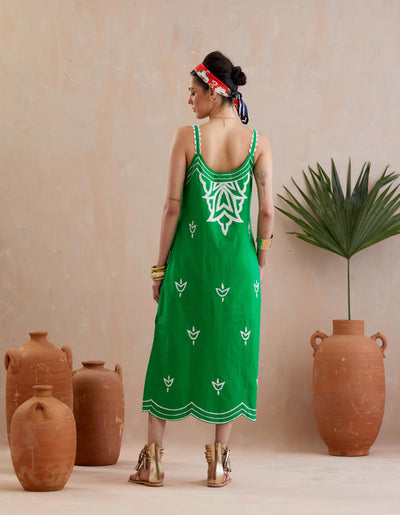 Avocado Green and Ivory Thread Embroidery Maxi Dress-Size S