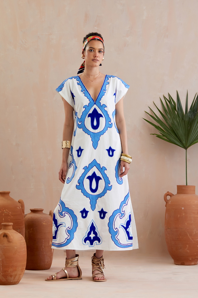 Ivory and Multi Color Azure Thread Embroidery Short Sleeve Maxi Dress poplin by Indian Summer Story in ivory color for women Worldwide