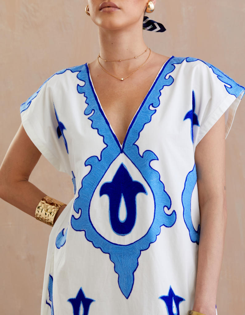 Ivory and Multi Color Azure Thread Embroidery Short Sleeve Maxi Dress poplin by Indian Summer Story in ivory color for women Worldwide