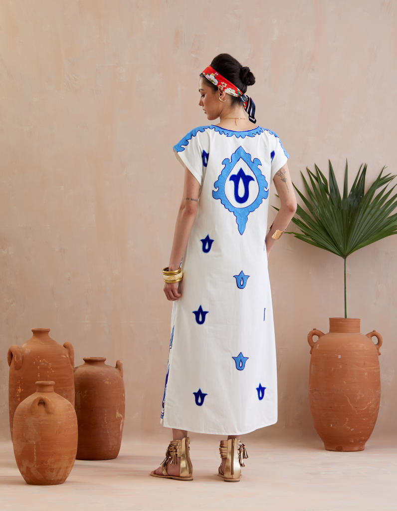 Ivory and Multi Color Azure Thread Embroidery Short Sleeve Maxi Dress poplin by Indian Summer Story in ivory color for women Worldwide