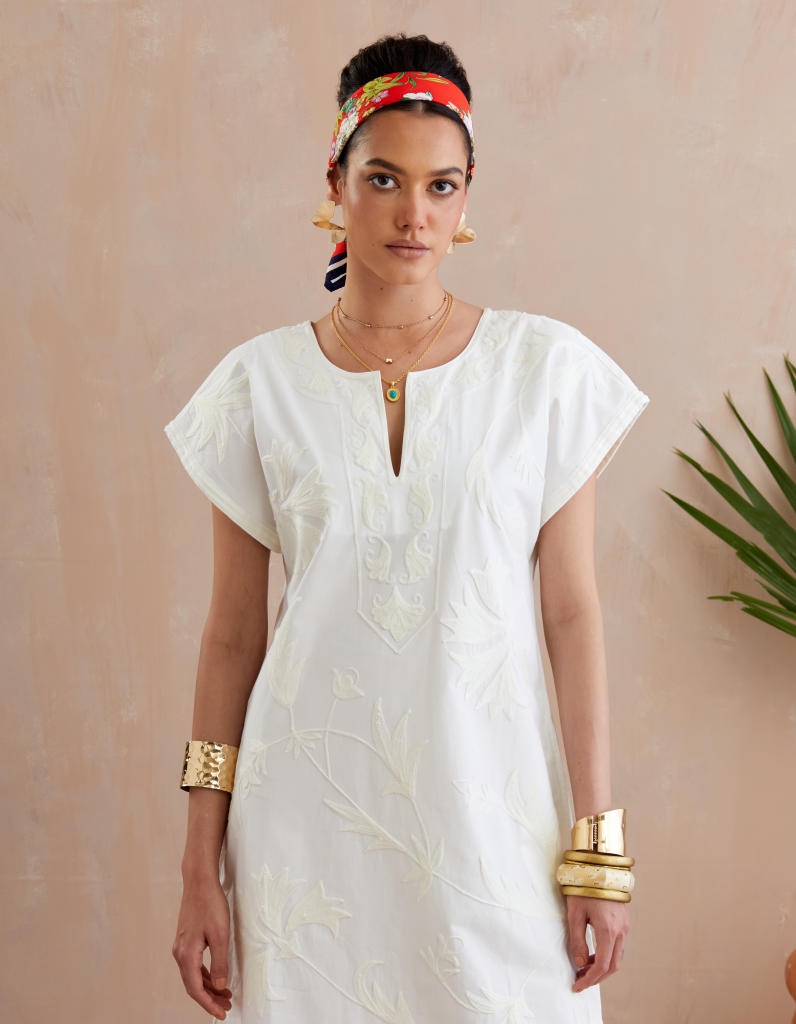 Ivory and Cream Thread Embroidery Maxi Dress poplin by Indian Summer Story in ivory color for women Worldwide